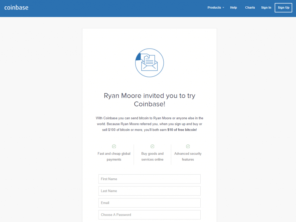 Coinbase's sign up page