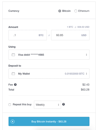Purchase page on Coinbase