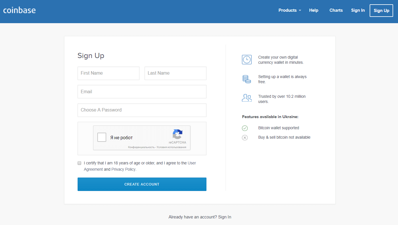 Register an account at Coinbase
