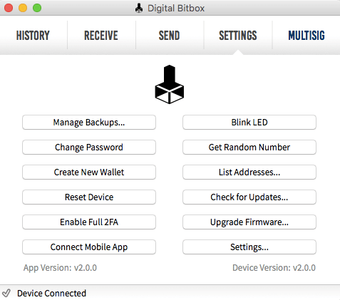 Settings section on Digital Bitbox