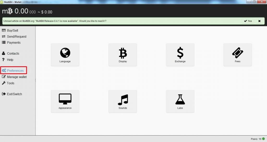 Change preferences of the MultiBit wallet