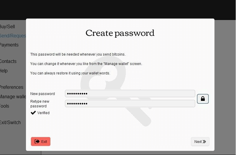 Create password at MultiBit wallet