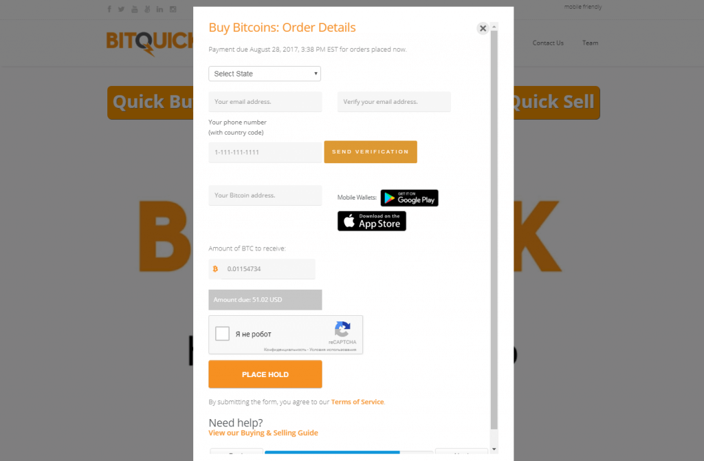Fill out order details via BitQuick
