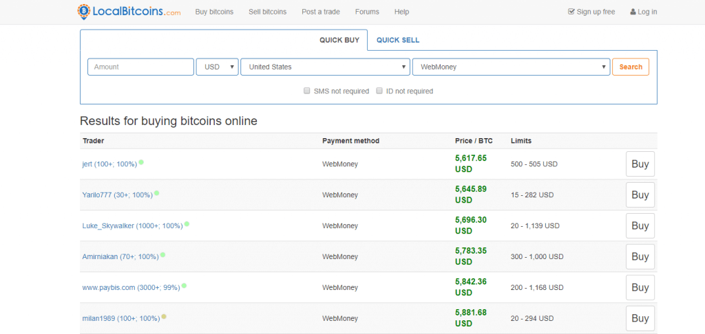 List of available sellers at LocalBitcoins