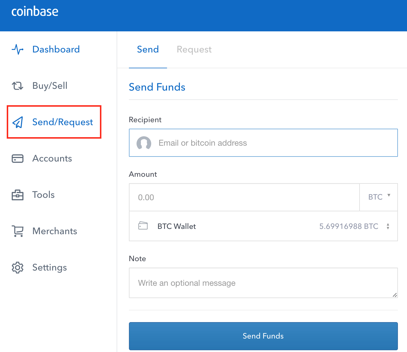 Funds sending page at Coinbase