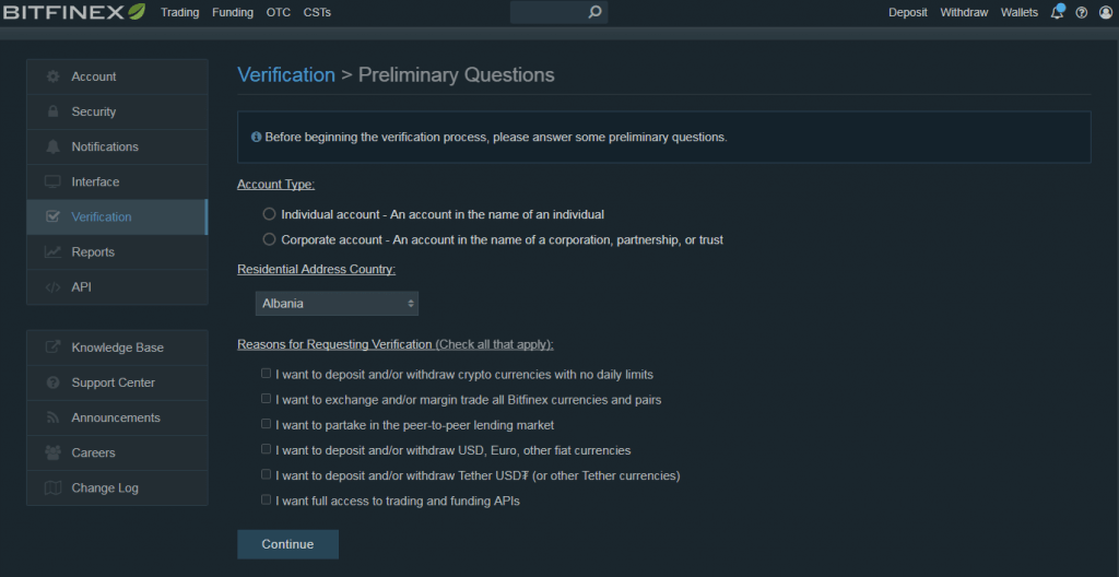 Preliminary questions of verification on Bitfinex