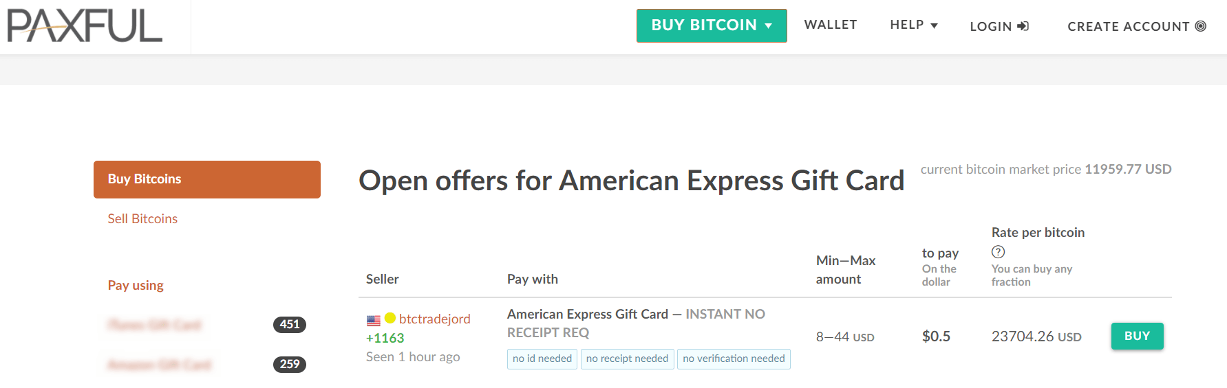 Buy BTC with American Express gift card at Paxful