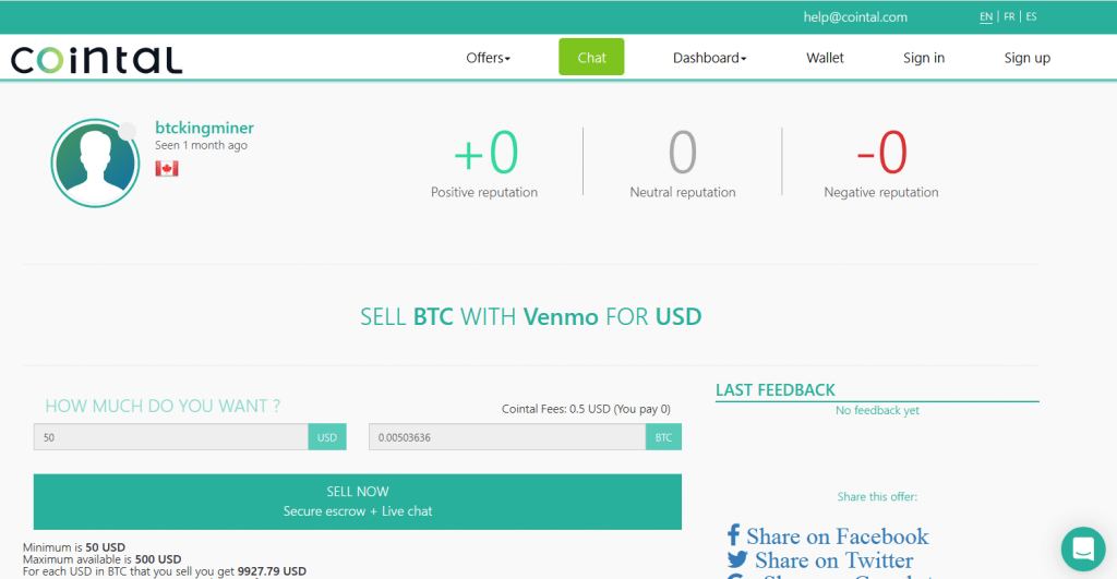 Sell BTC with Venmo at Cointal