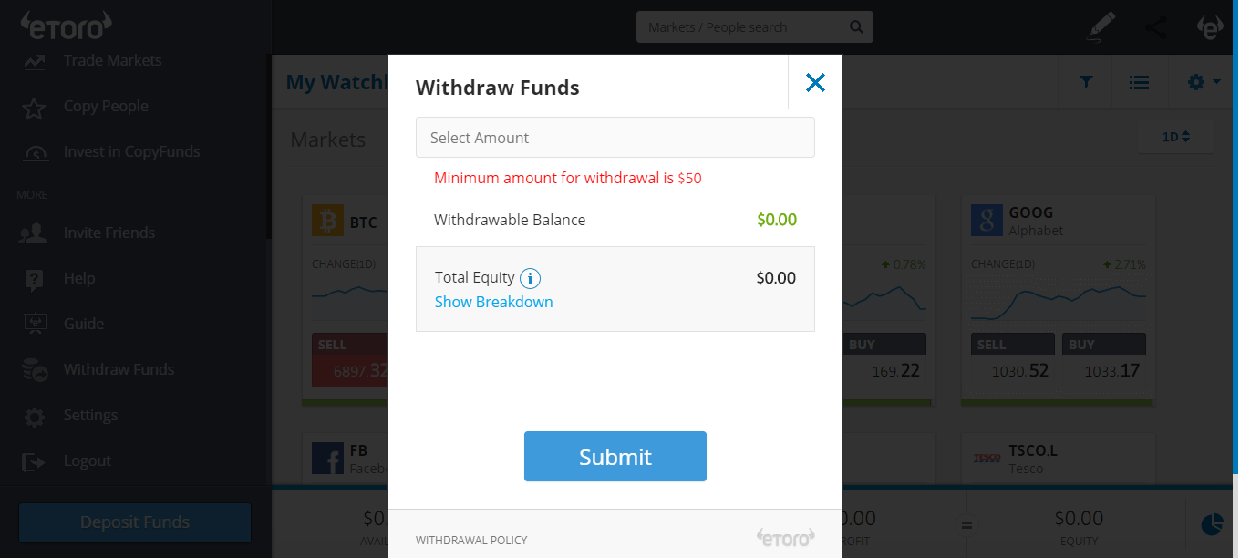 Submit withdraw funds